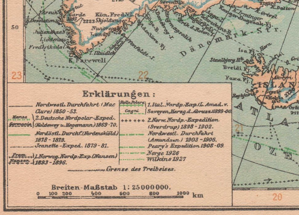 Arktyka Biegun Pn. Wyprawy polarne. Stara mapa 1927 r. oryginał