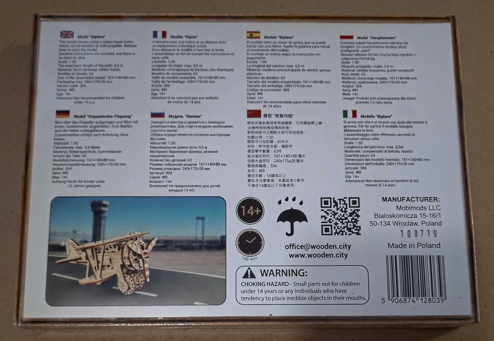 Modelo Avião Biplano c/ motor de elástico – novo na embalagem original