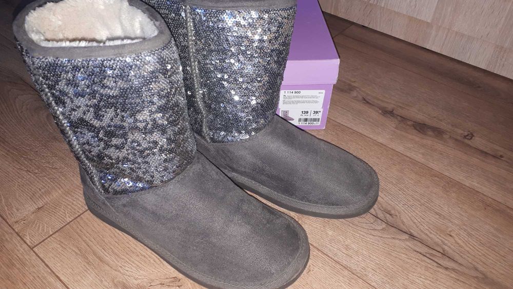 Śniegowce szare z cekinami ala emu roz. 37 buty zimowe ciepłe