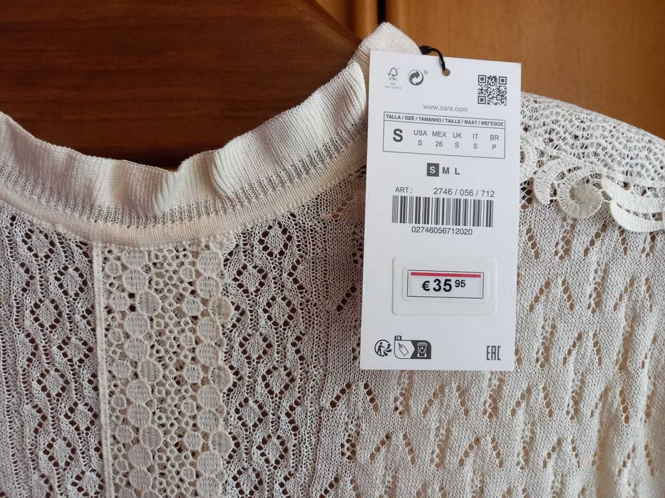 (NOVO C/ ETIQUETA, PORTES GRÁTIS) ZARA: Vestido Malha Pointelle Renda