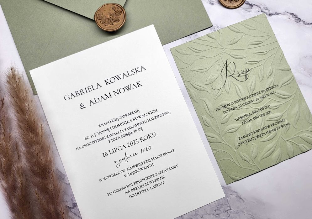 Zaproszenia z tłoczeniem, botaniczne ,liście