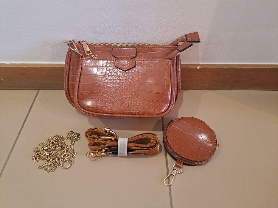 Pack 3 em 1 Malas de Mão e Tiracolo Castanho Croco + Monedero