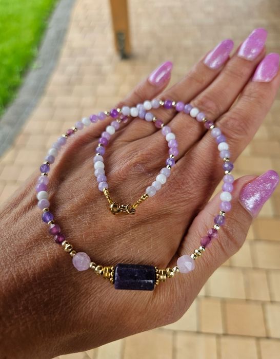 Naszyjnik Choker Kamienie Naturalne Lepidolit Kunzyt Agat Jadeit Hemat