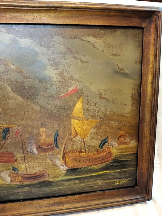 Quadro Óleo Sobre Tela Batalha Naval