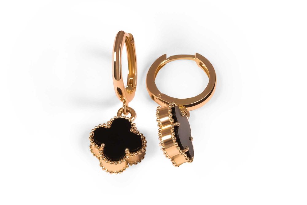 Серьги клевер из красного золота с ониксом