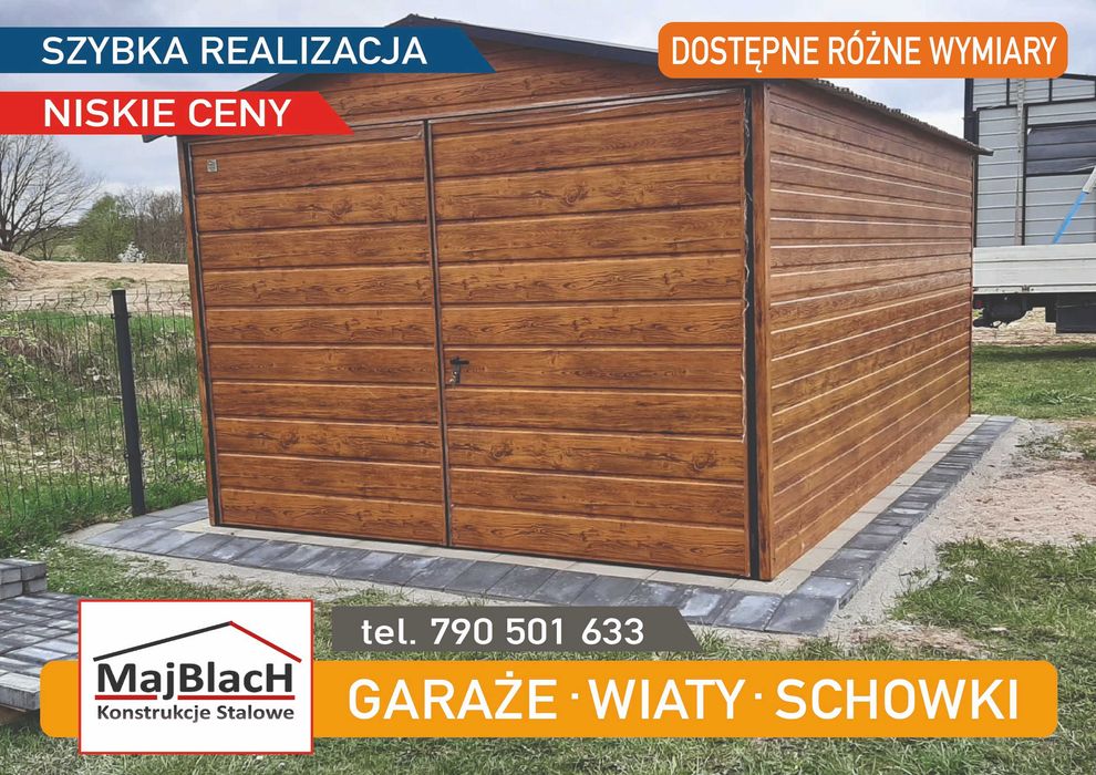 Tani Garaż Blaszany Drewnopodobny Złoty Dąb Garaże Blaszane -Maj-Blach