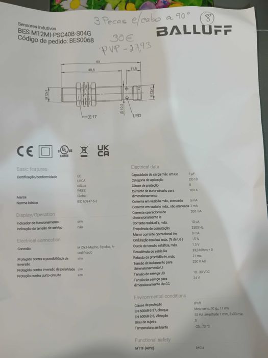 Sensor indutivo 12mm pnp 24vdc BALLUFF Lote de 3 unidades