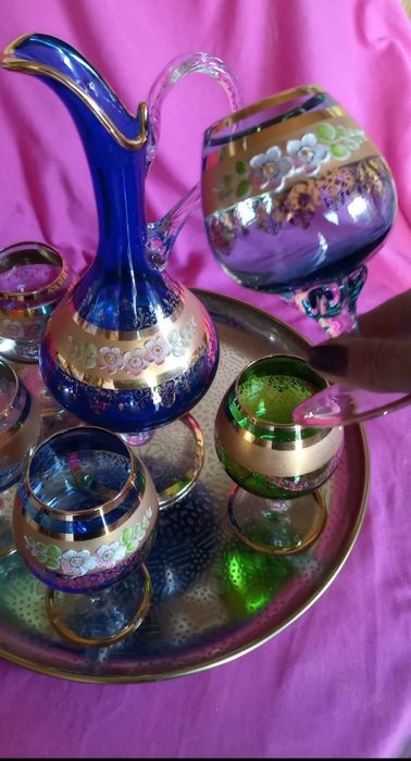 Conjunto de Jarro e 5 copos CRISTAL DE MURANO pintura a ouro 24k