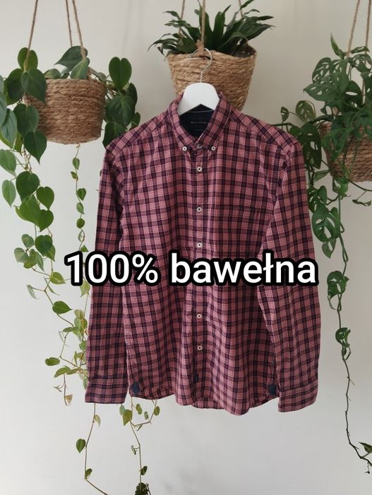 Męska koszula, z bawełny, w kratkę, bordowa r.S Marc O'Polo