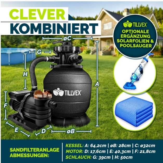 System filtrów piaskowych do basenu 10 m³/h z kulkami filtrującymi 800g czarny