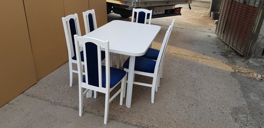 Nowe: Stół rozkładany + 6 krzeseł, OD RĘKI, biały+granat, dostawa PL