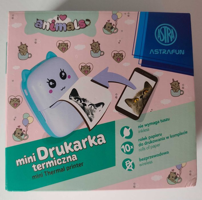 Mini Drukarka Termiczna ASTRA Animals 715-024-901 Kartonik/10 rolek/USB-C/Ładowarka+GRATIS!
