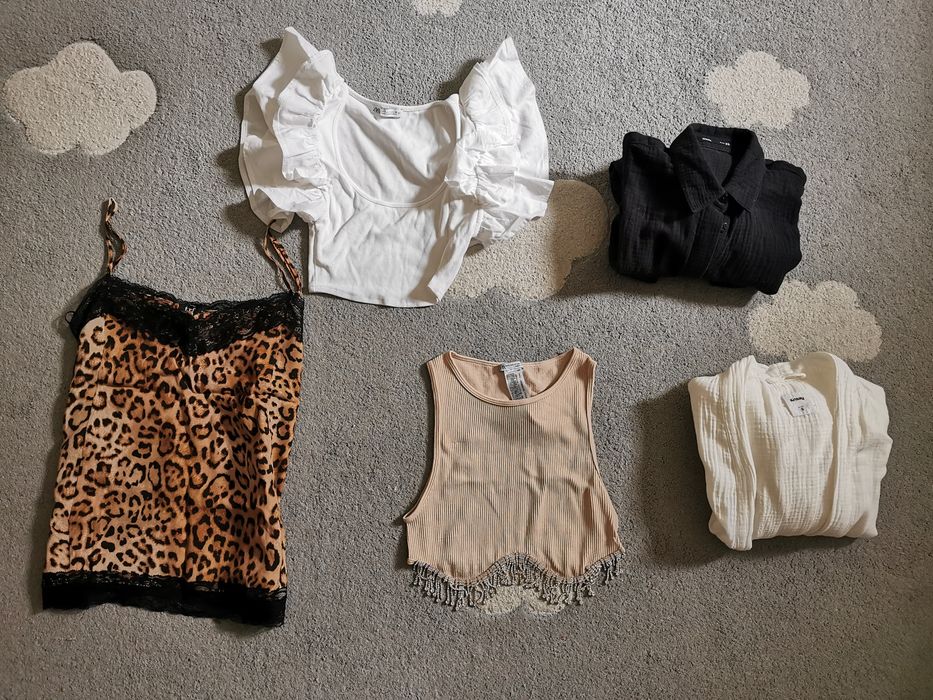 Zestaw bluzki crop top Zara S cyrkonie falbany