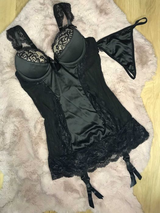 L XL gorset koszulka + stringi, satynowy komplet bielizny, sexy Strój