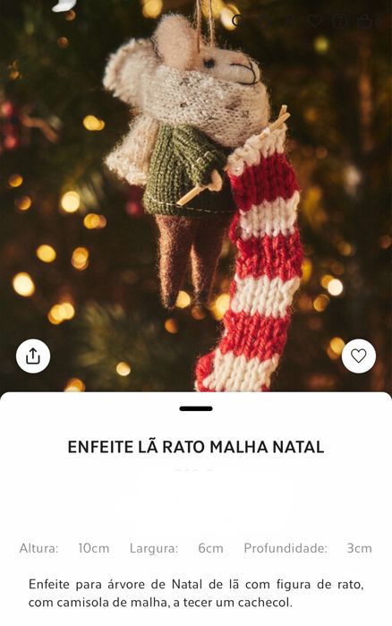 Enfeite Lã Rato Malha Natal Zara Home NOVO