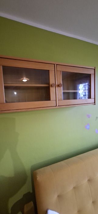 Wiszaca szafka z litego drewna , otwierane szklane drzwiczki.