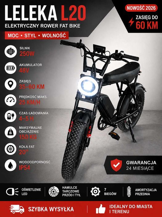 LELEKA L20 — Stylowy elektryczny FAT BIKE w stylu café racer