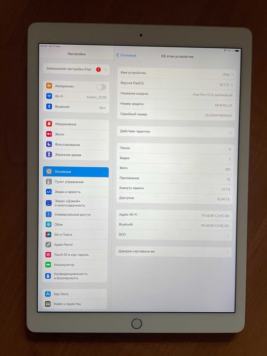 iPad Pro 12.9. Wi-Fi . 32 Gb. Батарея 100%.
