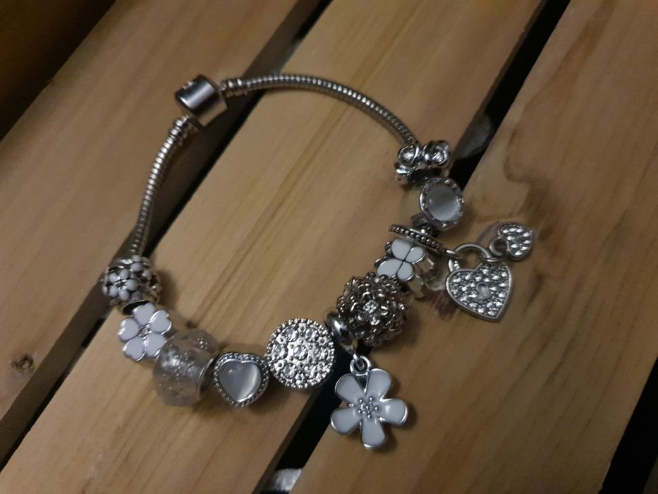 Srebrna Biała Bransoletka Modułowa Charms Charmsy Charmsami Beads Zawi