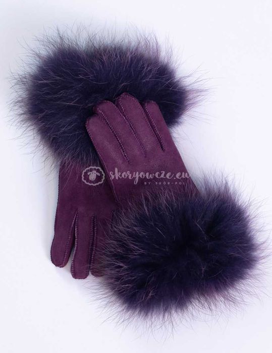 Śliwkowe rękawiczki damskie skórzane z futrzanym obszyciem