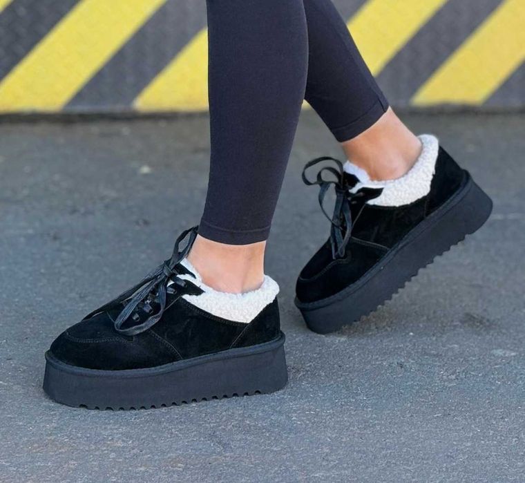 Зимние женские замшевые кроссовки с мехом натуральная замша черные