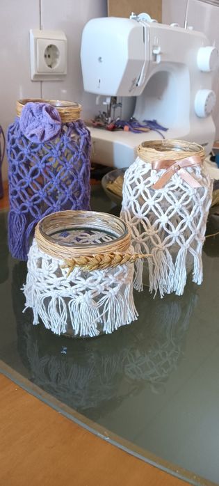 Porta velas em macramé