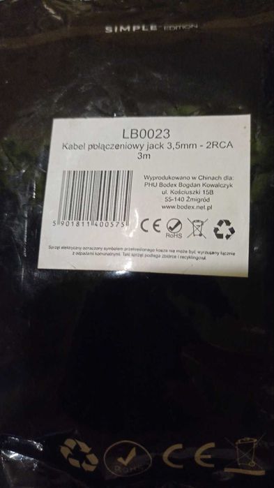 Przewód połączeniowy jack 3,5mm - 2 RCA