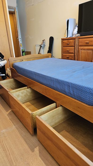 Cama Solteiro Madeira Maciça - Com Arrumação + Estrado + Colchão