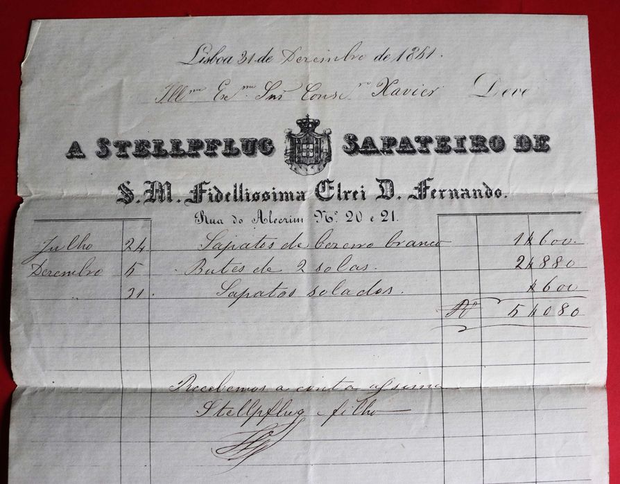 Stellpflug Sapateiro do Rei D Fernando II fatura 1861 Armas Reais