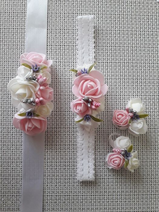 Komplet do chrztu- opaska, pasek, ozdoby do butów