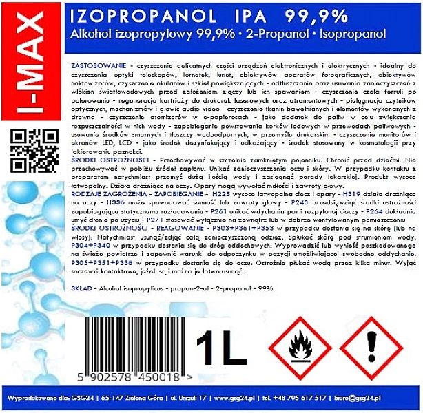 Alkohol izopropylowy Izopropanol IPA I-MAX 99,9% 1L