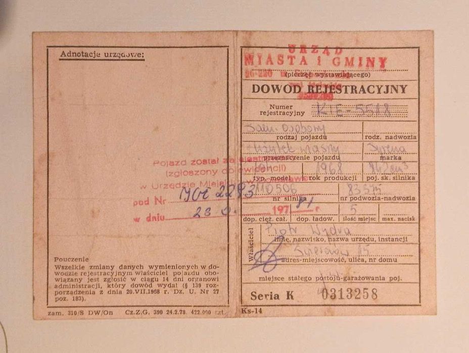 Samochód Syrena 104 - 1968 rok - dowód rejestracyjny kolekcjonerski