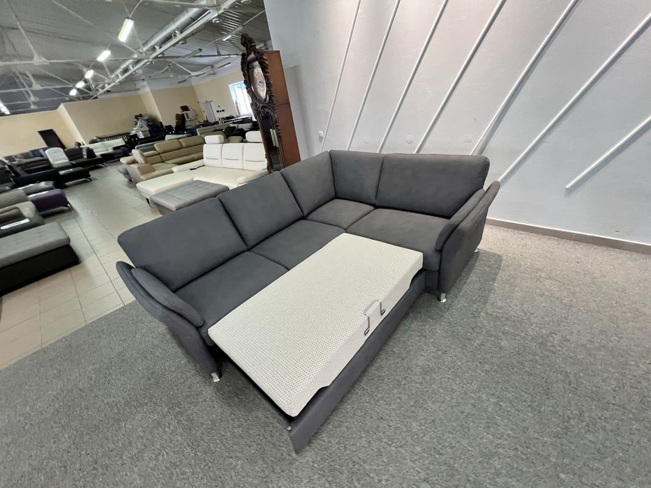 Кутовий розкладний диван темно сірий тканина з нішею
