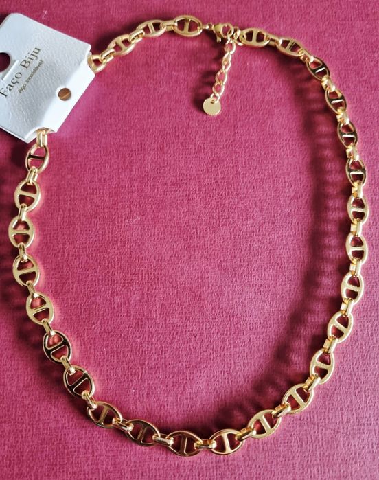 Colar/gargantilha dourada, em aço inoxidável. Tem extensor