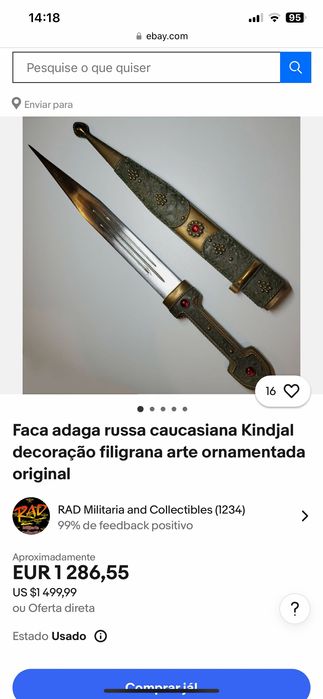 Punhal RÚSSIA ORIGINAL espada adaga kindjal 54 cm Séc XIX Geórgia