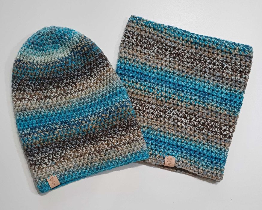 Komplet czapka beanie z długim kominem handmade na szydełku