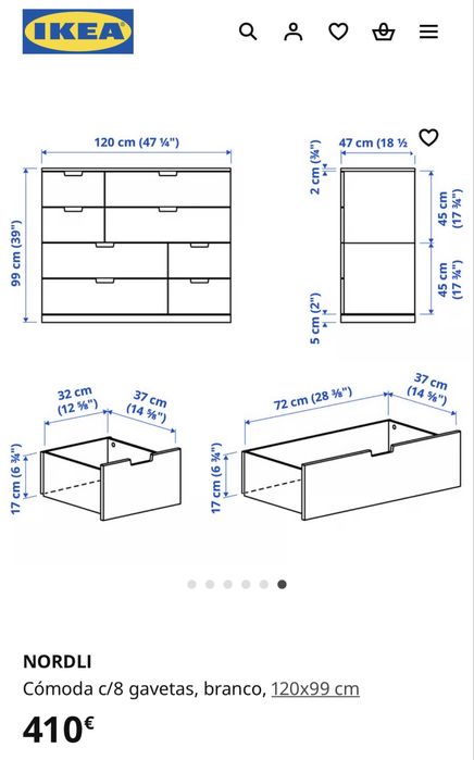 Cómoda NORDLI c/8 gavetas, PRETA, 120x99 cm