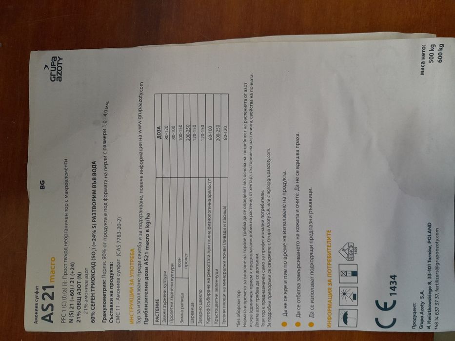 Сульфат амонію 1кг Польща, Сірка, Осмокот, Пекацид