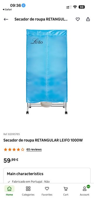 Secador Roupa Leifo 15Kg 1000W