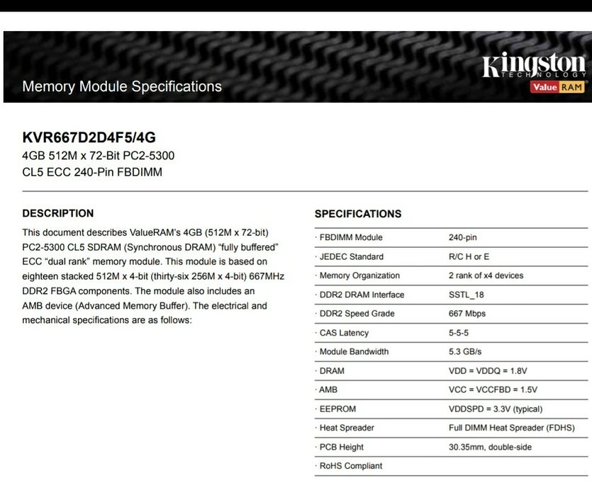 Оперативная память  Kingston FB-DIMM DDR2 PC-5300.Для ПК или сервера