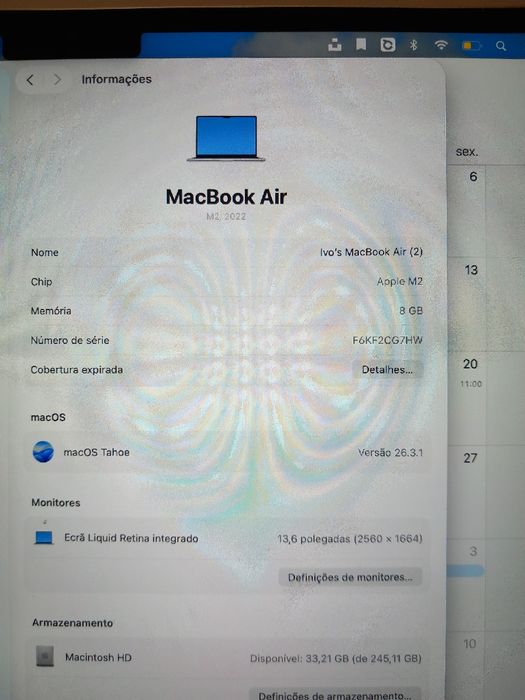Macbook air m2 2022 bateria 94% 256gb