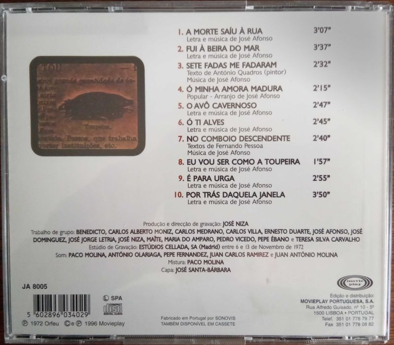 José Afonso	- - - - -		Eu Vou Ser Como a Toupeira	- - - - -	CD