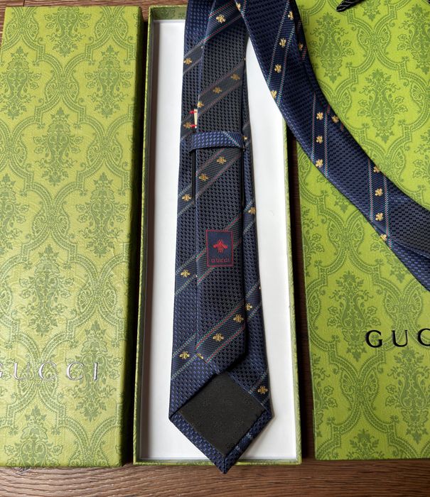 Krawat Gucci granatowy wzór zestaw pudełko torba