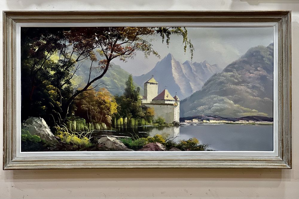 Старовинна картина «Женівське озеро. Шильйонський замок« Швейцарія.