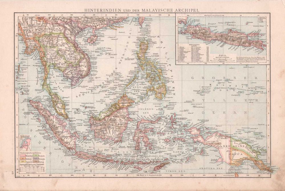 Indochiny Jawa Malaje Stara mapa 1886 r. oryginał