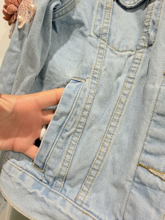Elegancka katana kurtka jeansowa M38 kwiaty koraliki ślub wesele