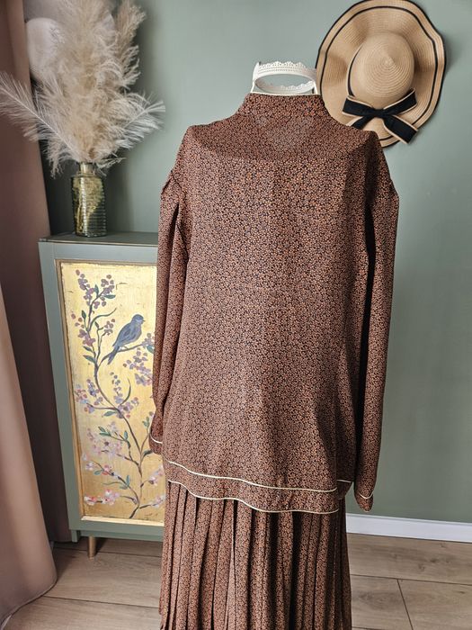 Vintage Set Elegancki komplet damski (Koszula + Spódnica) XL brązowy