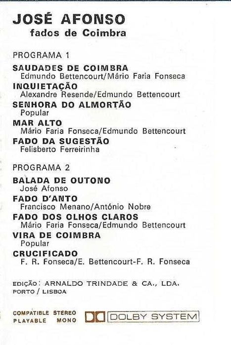 José Afonso	- - - - -		Fados de Coimbra e Outras Canções	- - - - -	K7