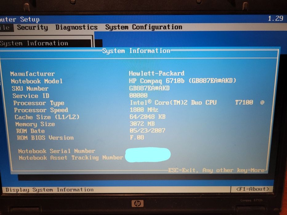 Laptop HP Compaq 6710b bez dysku twardego