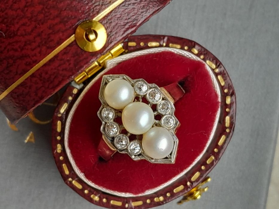 R.10 Pierścionek Art Deco Akoya Diamenty Złoto 730 WYCENA